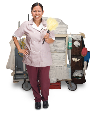 Hotel housekeeper with cleaning supplies